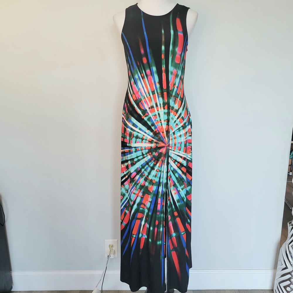 Maggy London Black Multicolor Tie Dye Artsy Abstract Stretch Maxi Dress Sz 6